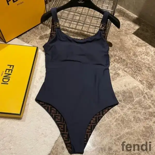 Affordable Fendi Reversible Swimsuit Women FF Motif Lycra Navy Blue Brown