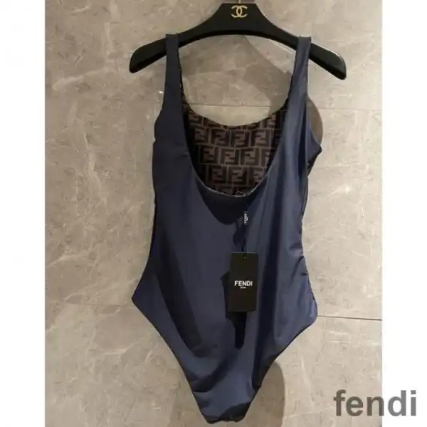 Affordable Fendi Reversible Swimsuit Women FF Motif Lycra Navy Blue Brown