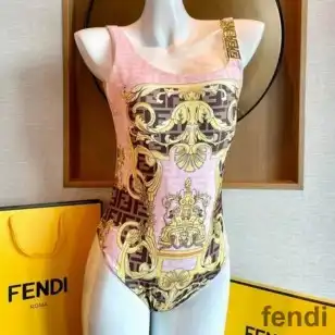 Fendi Reversible Swimsuit Women Fendace Baroque Motif Lycra Pink Brown