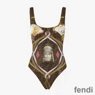 Fendi Reversible Swimsuit Women Fendace FF Motif Lycra Brown