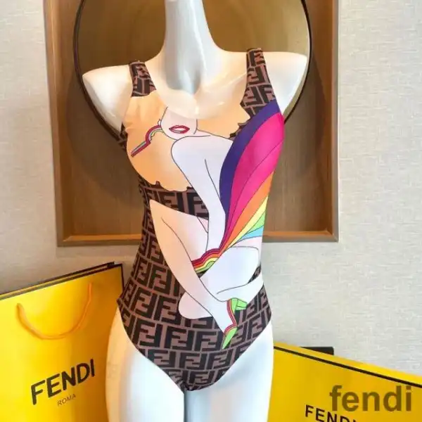 Cheap Fendi Reversible Swimsuit Women Rainbow Girl FF Motif Lycra Brown Sky Blue