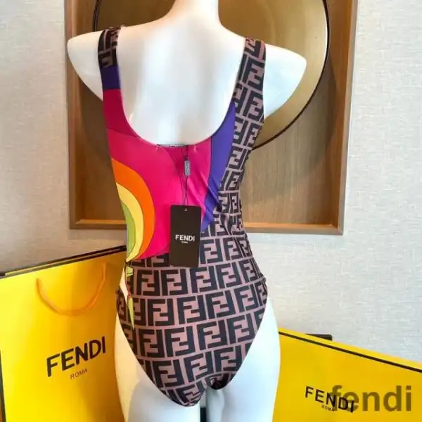 Cheap Fendi Reversible Swimsuit Women Rainbow Girl FF Motif Lycra Brown Sky Blue