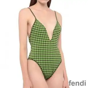 Cheap Fendi Reversible Swimsuit with Straps Women Checkered FF Motif Lycra Green Brown