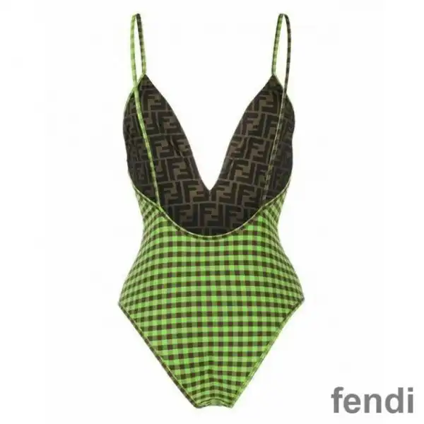 Cheap Fendi Reversible Swimsuit with Straps Women Checkered FF Motif Lycra Green Brown