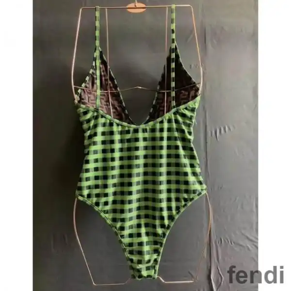 Cheap Fendi Reversible Swimsuit with Straps Women Checkered FF Motif Lycra Green Brown