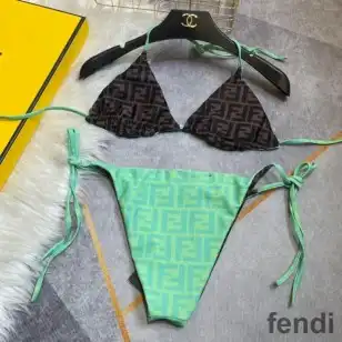 Fendi Reversible Triangular Bikini with Ties Women FF Motif Lycra Brown Green