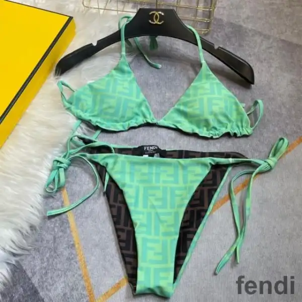 Cheap Fendi Reversible Triangular Bikini with Ties Women FF Motif Lycra Brown Green