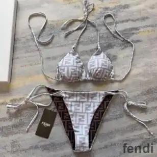 Fendi Reversible Triangular Bikini with Ties Women FF Motif Lycra Brown Grey