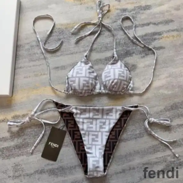 Affordable Fendi Reversible Triangular Bikini with Ties Women FF Motif Lycra Brown Grey