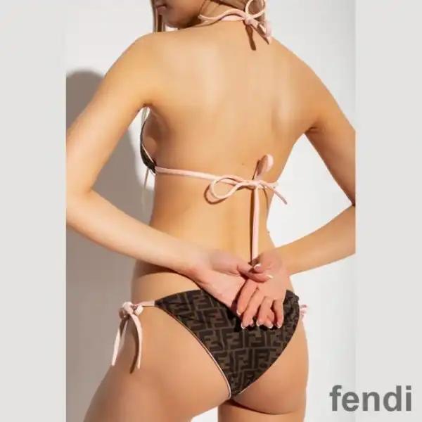 Affordable Fendi Reversible Triangular Bikini with Ties Women FF Motif Lycra Brown Pink