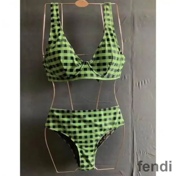 Affordable Fendi Reversible Underwear Set Women Checkered FF Motif Lycra Green Brown