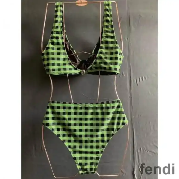 Affordable Fendi Reversible Underwear Set Women Checkered FF Motif Lycra Green Brown