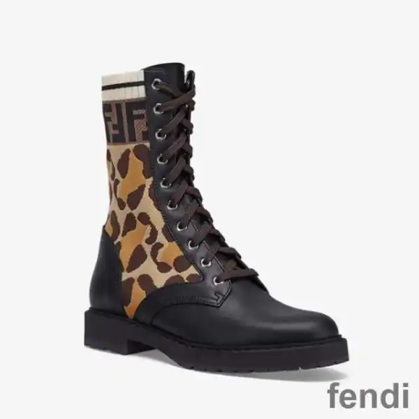 Cheap Fendi Rockoko Combat Boots Women Leather with Camo Motif Stretch Fabric Beige