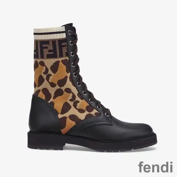 Cheap Fendi Rockoko Combat Boots Women Leather with Camo Motif Stretch Fabric Beige