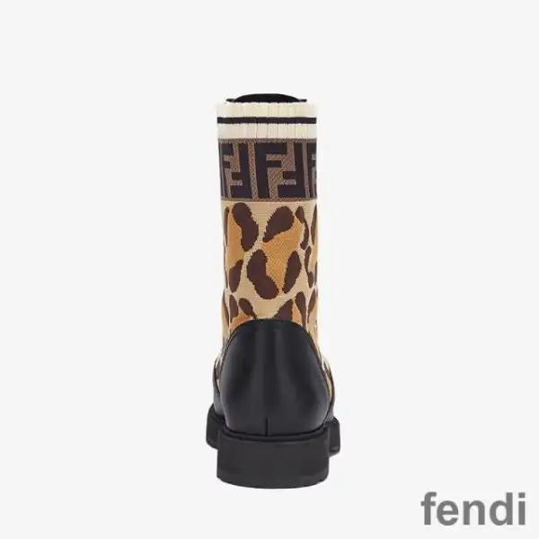 Cheap Fendi Rockoko Combat Boots Women Leather with Camo Motif Stretch Fabric Beige