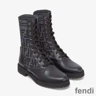 Fendi Rockoko Combat Boots Women Leather with FF Motif Stretch Fabric Black