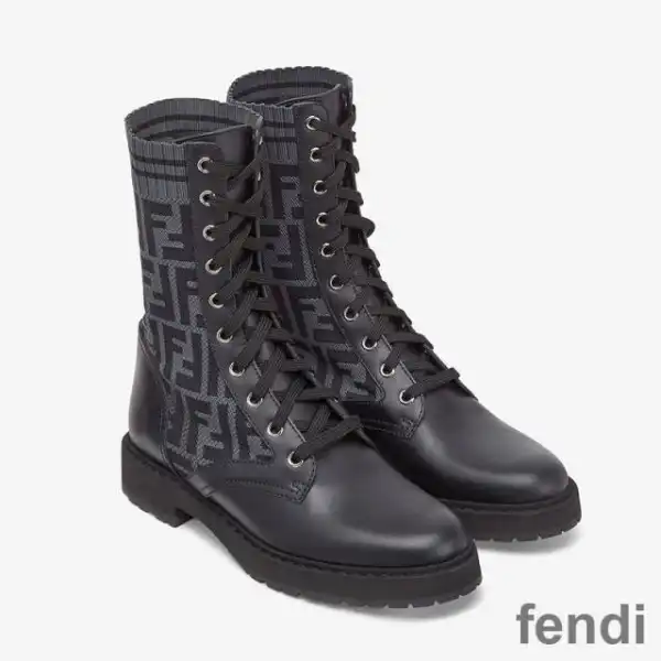 Cheap Fendi Rockoko Combat Boots Women Leather with FF Motif Stretch Fabric Black