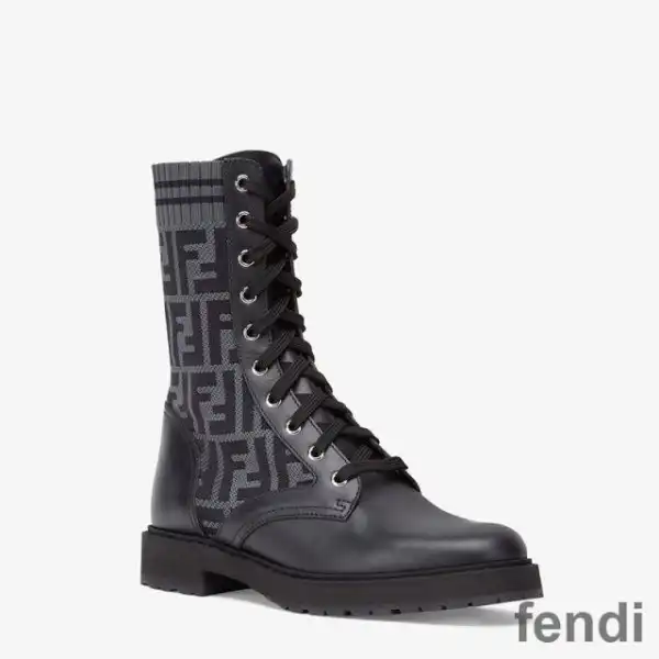 Cheap Fendi Rockoko Combat Boots Women Leather with FF Motif Stretch Fabric Black