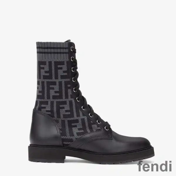 Cheap Fendi Rockoko Combat Boots Women Leather with FF Motif Stretch Fabric Black