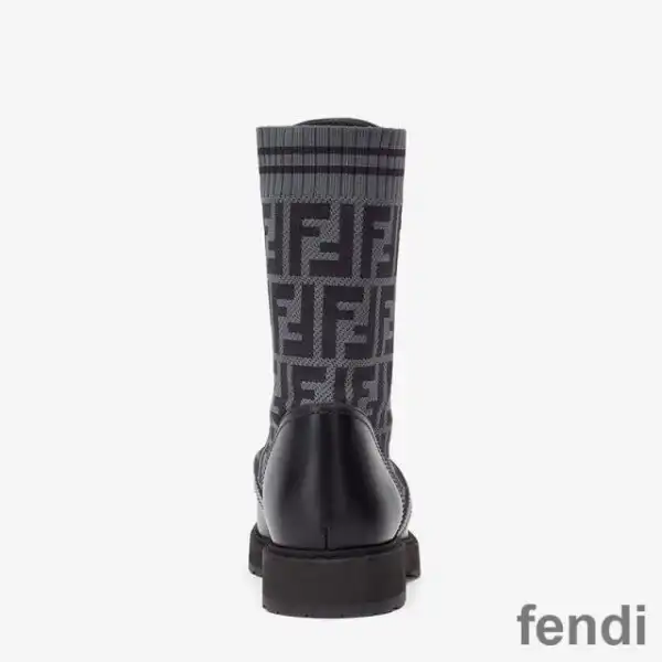 Cheap Fendi Rockoko Combat Boots Women Leather with FF Motif Stretch Fabric Black