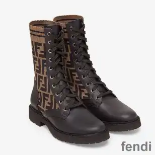 Fendi Rockoko Combat Boots Women Leather with FF Motif Stretch Fabric Brown