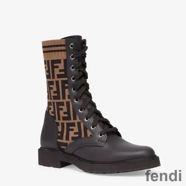 Cheap Fendi Rockoko Combat Boots Women Leather with FF Motif Stretch Fabric Brown