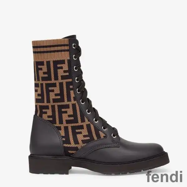 Cheap Fendi Rockoko Combat Boots Women Leather with FF Motif Stretch Fabric Brown