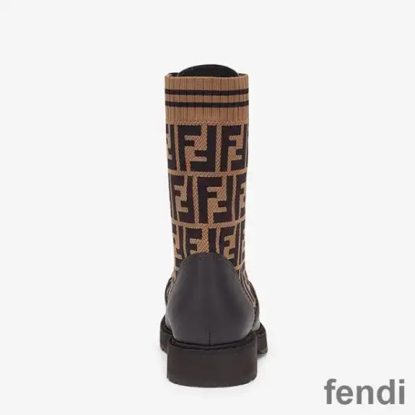 Cheap Fendi Rockoko Combat Boots Women Leather with FF Motif Stretch Fabric Brown