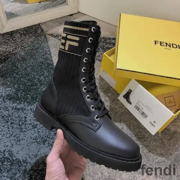 Affordable Fendi Rockoko Combat Boots Women Leather with FF Stripes Stretch Fabric Black