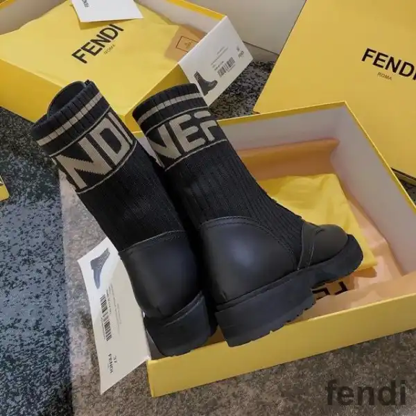 Affordable Fendi Rockoko Combat Boots Women Leather with FF Stripes Stretch Fabric Black