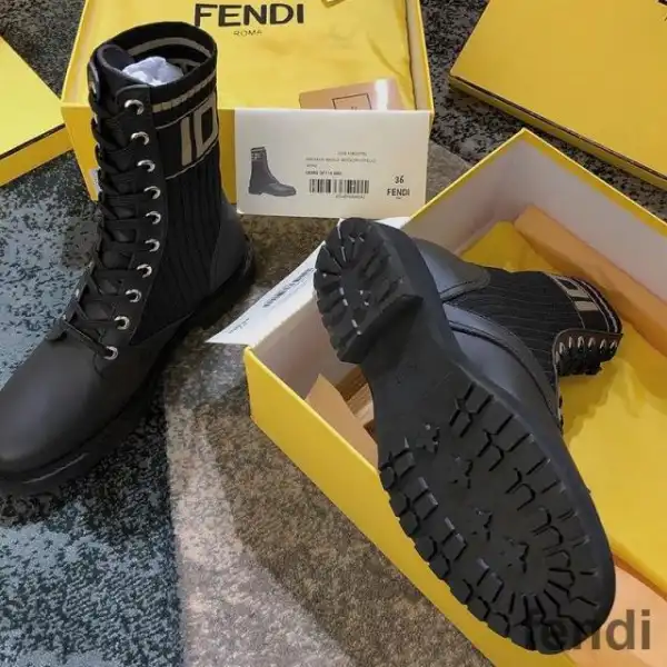 Affordable Fendi Rockoko Combat Boots Women Leather with FF Stripes Stretch Fabric Black