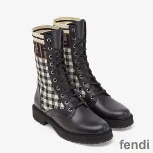 Fendi Rockoko Combat Boots Women Leather with Vichy Motif Stretch Fabric Beige