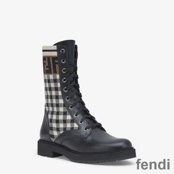 Affordable Fendi Rockoko Combat Boots Women Leather with Vichy Motif Stretch Fabric Beige