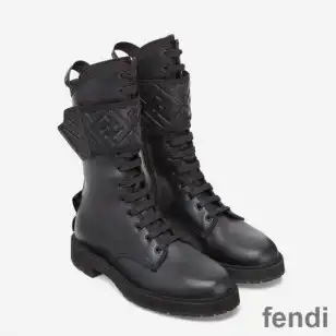 Fendi Rockoko Combat Boots Women Smooth Leather with Velcro Straps Black