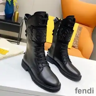 Fendi Rockoko Combat Boots Women Smooth Leather with Velcro Straps Black White