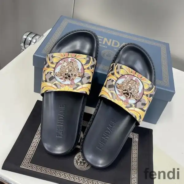 Affordable Fendi Signature Slides Unisex Fendace Baroque Fabric Brown