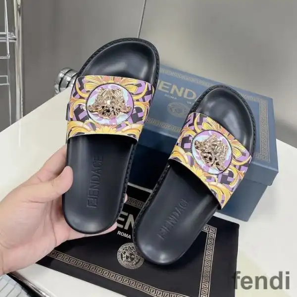 Affordable Fendi Signature Slides Unisex Fendace Baroque Fabric Purple