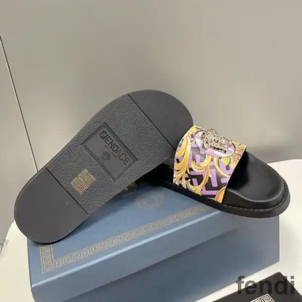 Affordable Fendi Signature Slides Unisex Fendace Baroque Fabric Purple