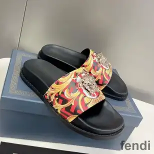 Fendi Signature Slides Unisex Fendace Baroque Fabric Red