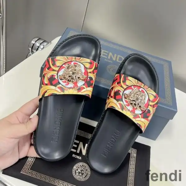 Cheap Fendi Signature Slides Unisex Fendace Baroque Fabric Red