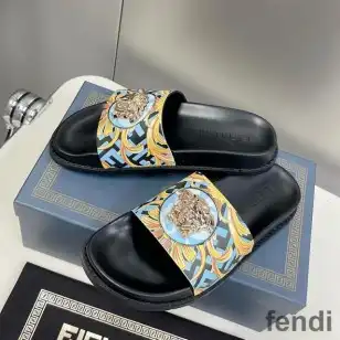 Fendi Signature Slides Unisex Fendace Baroque Fabric Sky Blue