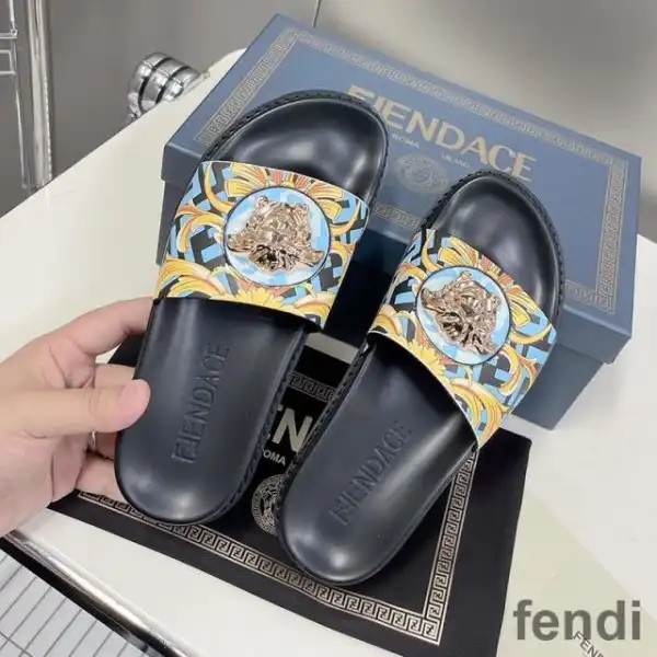 Affordable Fendi Signature Slides Unisex Fendace Baroque Fabric Sky Blue