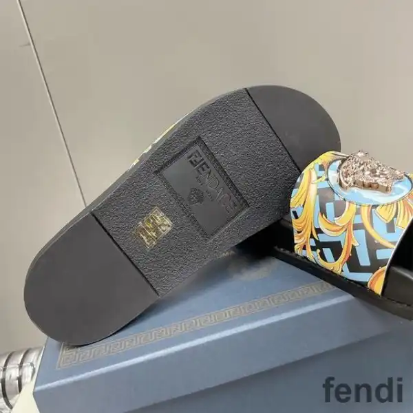 Affordable Fendi Signature Slides Unisex Fendace Baroque Fabric Sky Blue