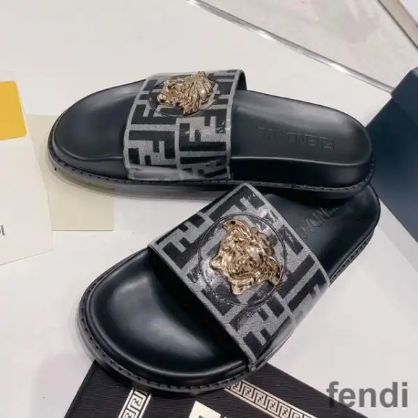 Affordable Fendi Signature Slides Unisex Fendace FF Fabric Black