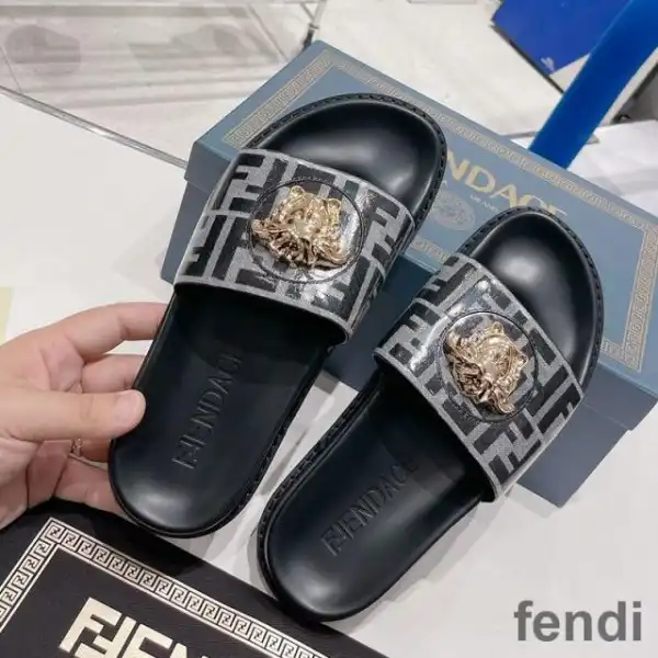 Affordable Fendi Signature Slides Unisex Fendace FF Fabric Black