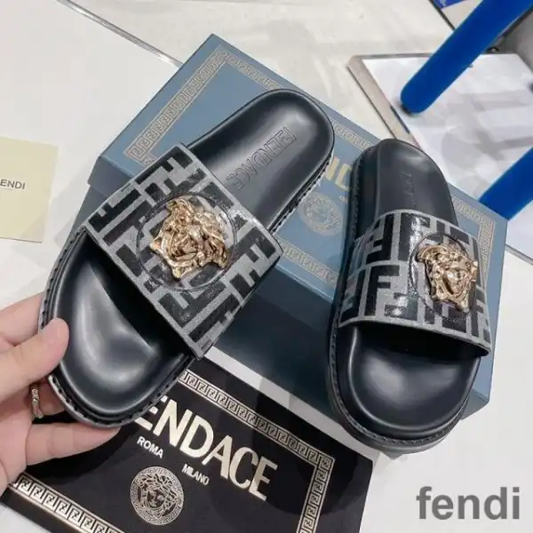 Affordable Fendi Signature Slides Unisex Fendace FF Fabric Black