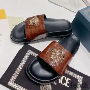 Fendi Signature Slides Unisex Fendace FF Fabric Brown