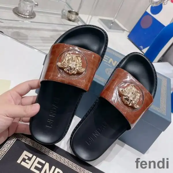 Affordable Fendi Signature Slides Unisex Fendace FF Fabric Brown