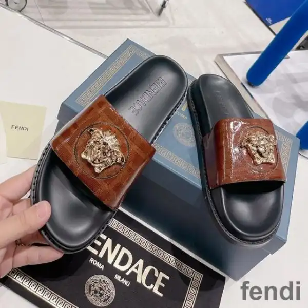 Affordable Fendi Signature Slides Unisex Fendace FF Fabric Brown