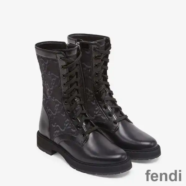 Affordable Fendi Signture Biker Boots Women Leather with FF Karligraphy Motif Fabric Black